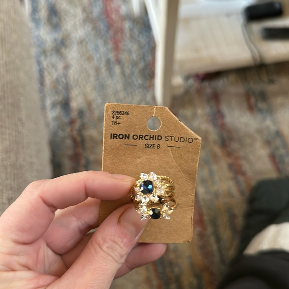 Floral Rhinestone Stacking Rings - Size 8